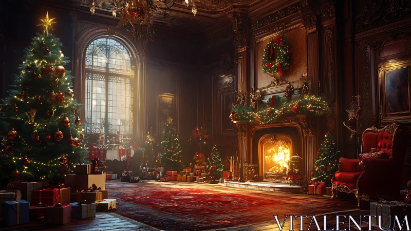 Grand manor Christmas salon with glowing tree and hearth.