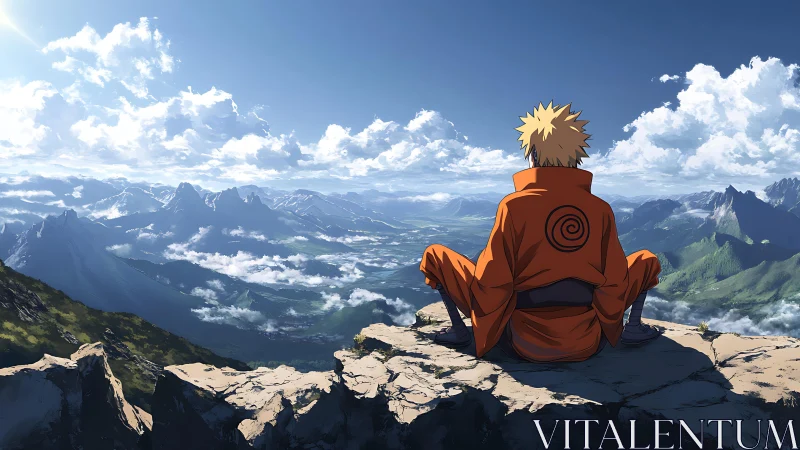 Orange-clad anime figure overlooking expansive alpine valley