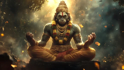 Divine simian deity meditating amid cinematic radiant haze