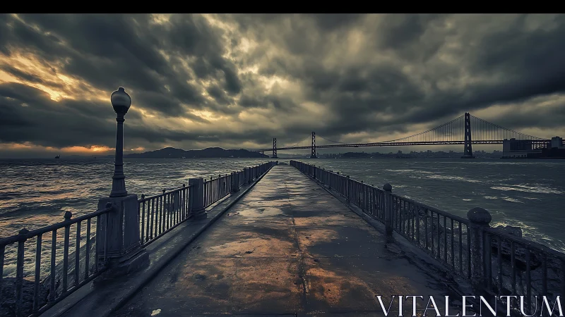 Stormy pier perspective under dramatic low-key coastal sky