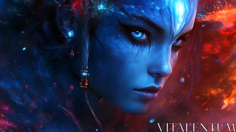 Blue alien woman stares forward amid red and blue nebula