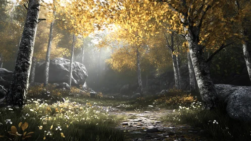 Sunlit birch forest path cuts through rocks and autumn foliage