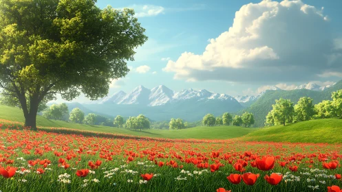 Mountain meadow with red poppies under scattered clouds.