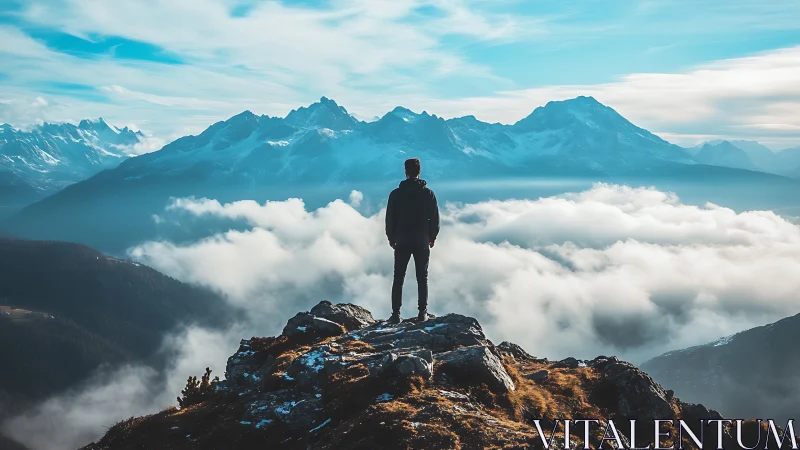Lone hiker overlooks sunlit alpine peaks above clouds.