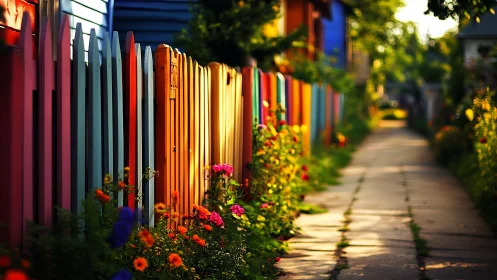 Sunlit alley of rainbow fences and bright summer blooms.