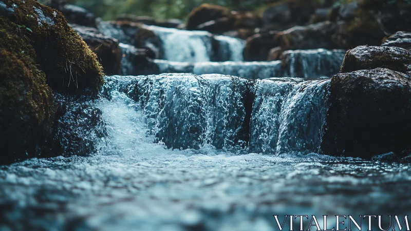 Mountain cascade pours over mossy rocks in soft focus.