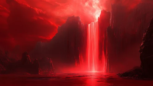 Scarlet abyss waterfall roaring beneath a burning sky.