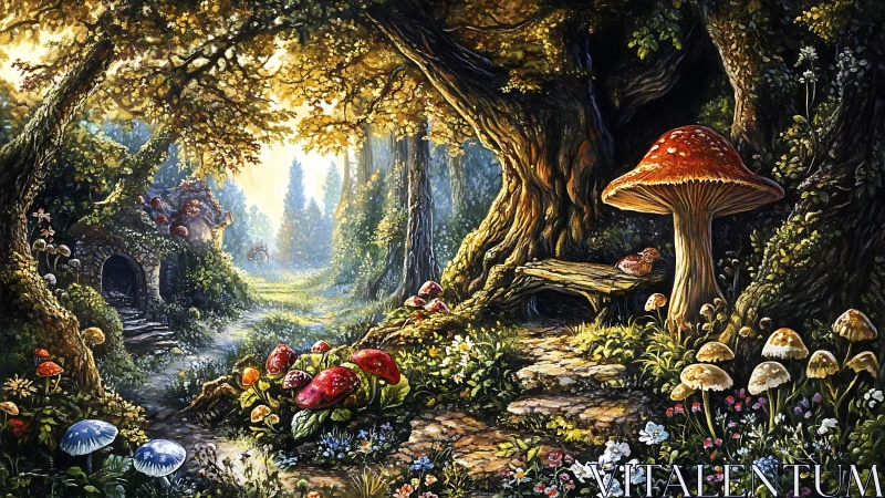 Enchanted forest path winds past giant mushrooms and cottage