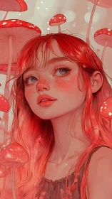 Red haired girl surrounded by red mushrooms in soft light