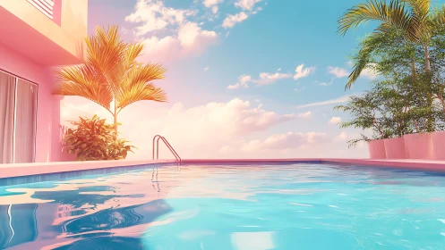 Rectangular pool beside pink building under pastel sky.