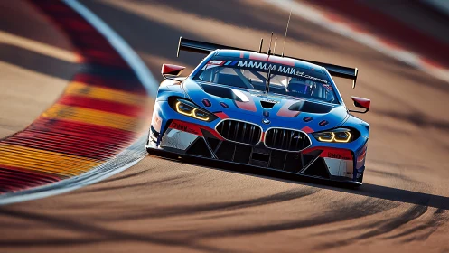 BMW race car takes corner on sunlit track at high speed.