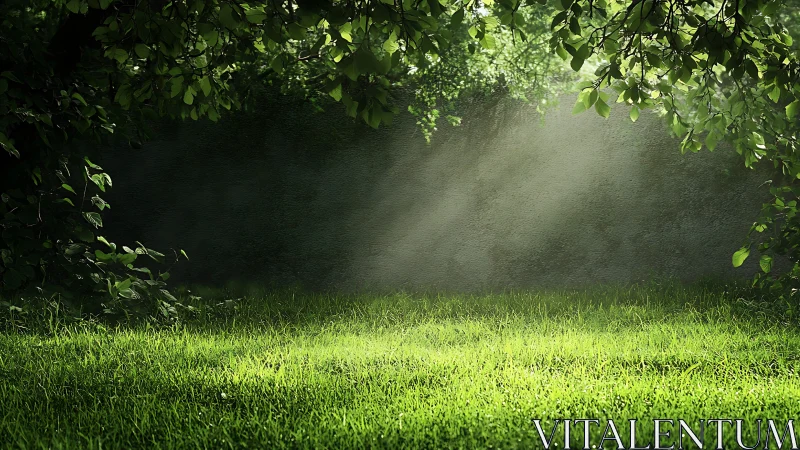 Photorealistic woodland glade with dappled sunlight composition.