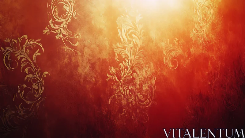 Golden baroque flourishes glow across textured red field