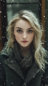 Young woman in winter coat under light snowfall outdoors.