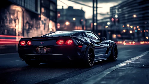 Black sports coupe cuts through neon city dusk streets.