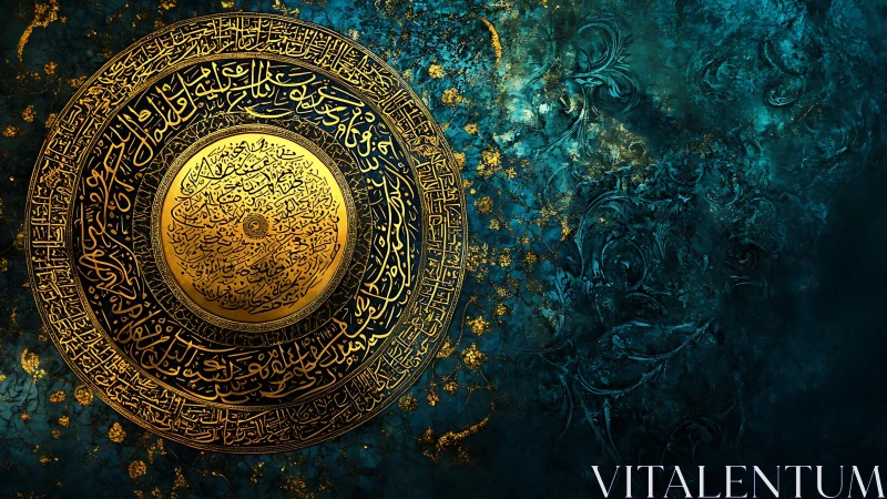 Ornate circular Arabic calligraphy on teal textured field.