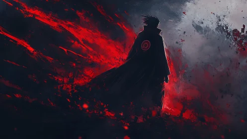 Lone cloaked warrior steps into a storm of red power