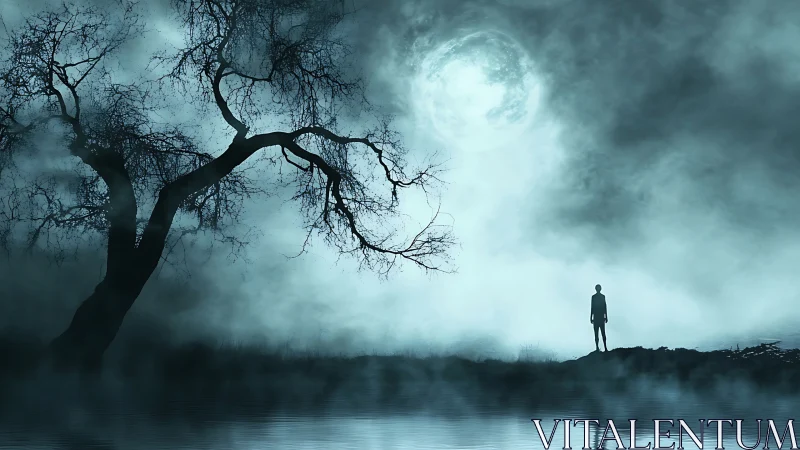 Silhouette stands by misty lake under bright full moon