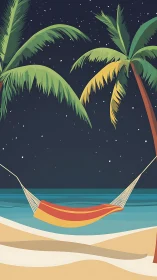 Tropical shoreline hammock under starlit night sky illustration