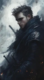 Moody warrior portrait uses dynamic brushwork and cold lighting contrast