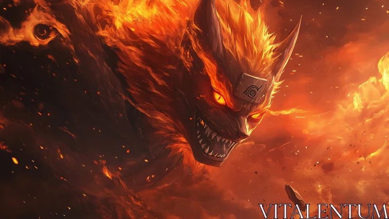 Demonic fox spirit erupts from swirling inferno sky