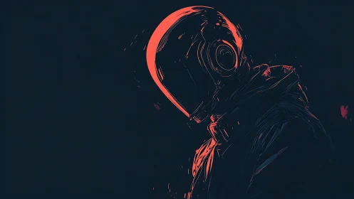 Hooded figure in helmet rendered in dark neon profile