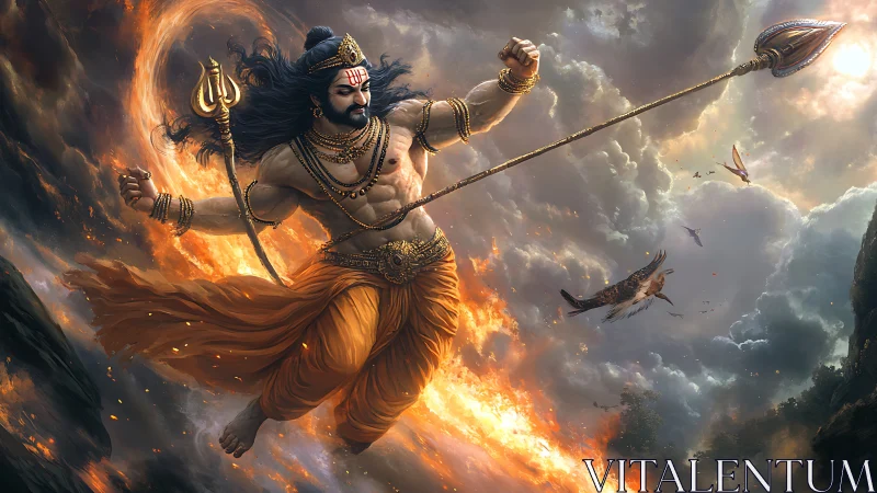 Storm-wreathed warrior god hurls a blazing celestial spear.