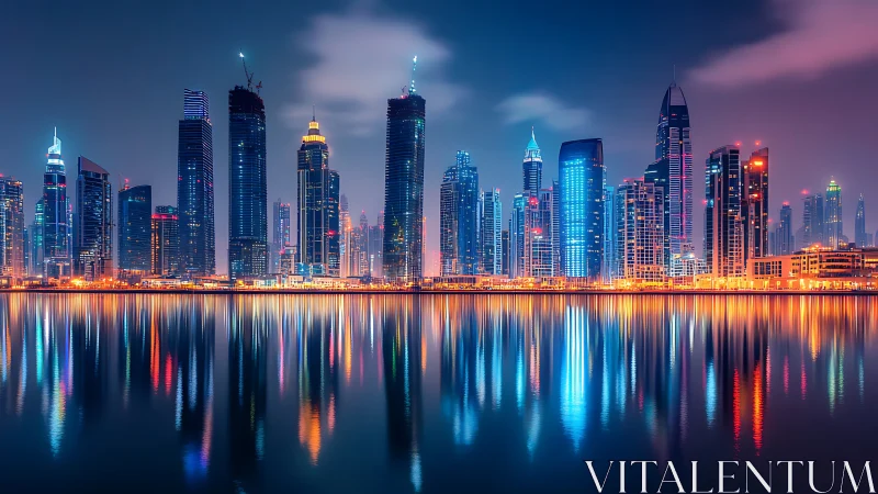 Neon city skyline mirrored in calm midnight waters.