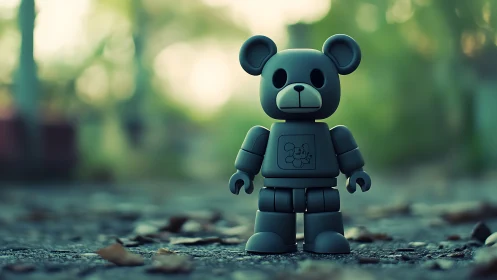 Toy bear robot stands on textured ground in soft bokeh forest