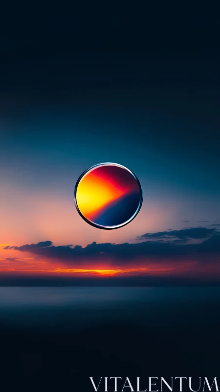 Sunset sphere floats above tranquil horizon in vivid colors.