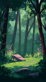 Stylized forest interior with tall trees, understory flora, and dappled illumination