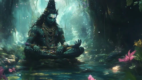 Divine blue yogi meditating beside bioluminescent forest pool