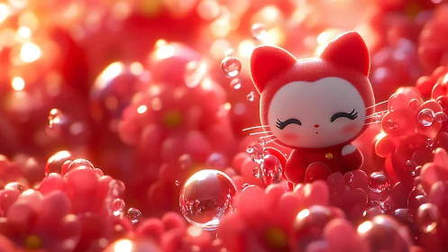 3D chibi cat figurine in luminous pink floral bokeh field.