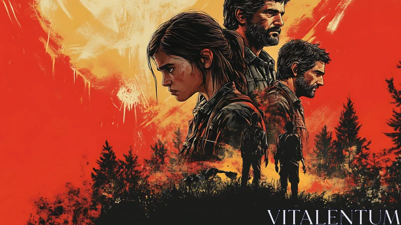 Painted triptych of figures over red landscape forms