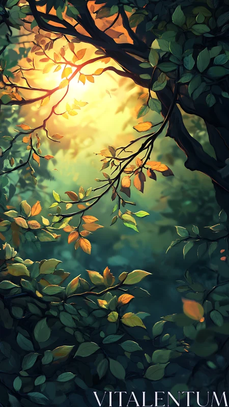 Backlit forest canopy with volumetric sun rays and layered foliage