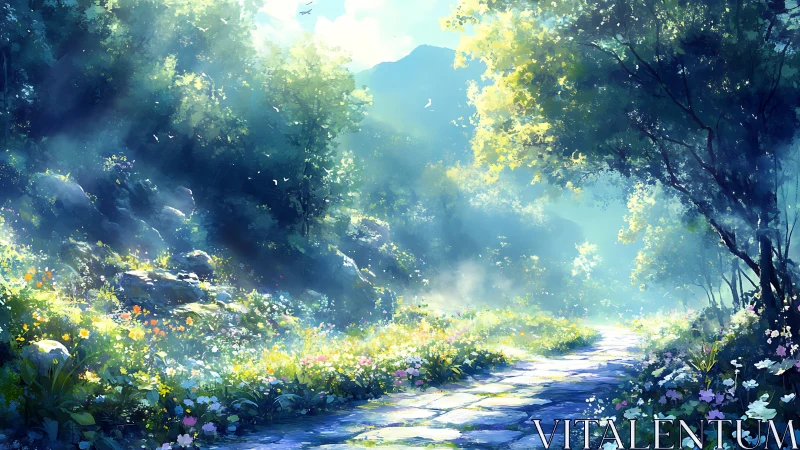 Luminous forest path with blooming flowers and streaming light through canopy