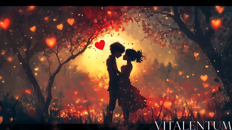 Silhouettes Kiss Under Burning Love Heart Trees.
