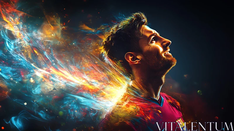 Digital portrait soccer player with cosmic energy trail.