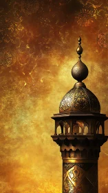 Golden mosque tower glows against ornate textured sky