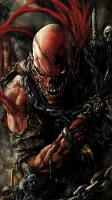 Chainbound demon warlord grinning through molten fury.