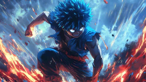 Blue haired battle comet charging through shattered sky.