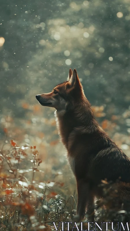 Gentle woodland dog pausing in drifting forest light.