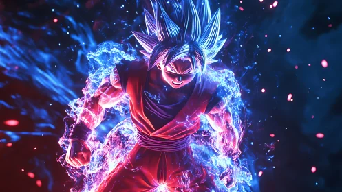 Saiyan warrior unleashes dual-tone cosmic battle aura.