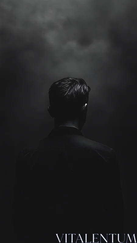 Rear view of solitary figure in dark, low key lighting.