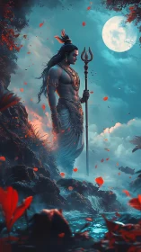 Mythic warrior stands by moonlit stream under falling petals