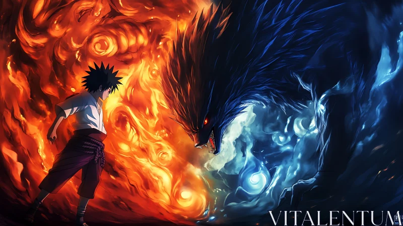 Dynamic anime duel renders elemental fire and shadow beast