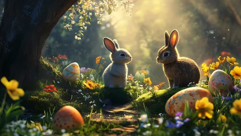 High-detail spring forest scene with two rabbits and eggs