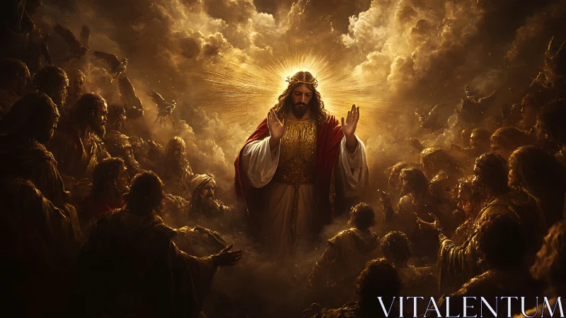 Central robed figure with radiant halo among dense crowd.