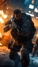 Firelit urban battlefield with focused modern soldier hero.