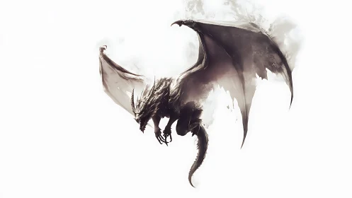 Dark winged dragon emerging from mist on white field.